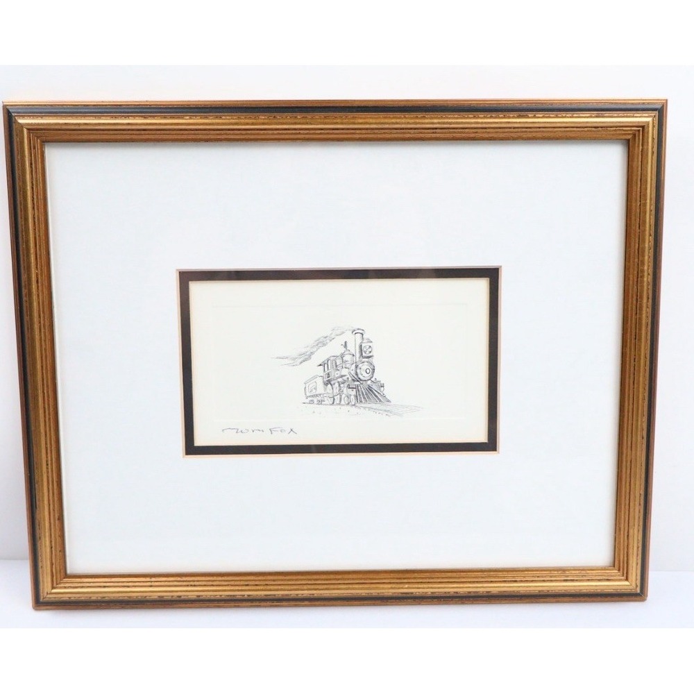 VTG Steam Train Union Pacific UP Railroad Ink Sketch Signed William Fox Framed